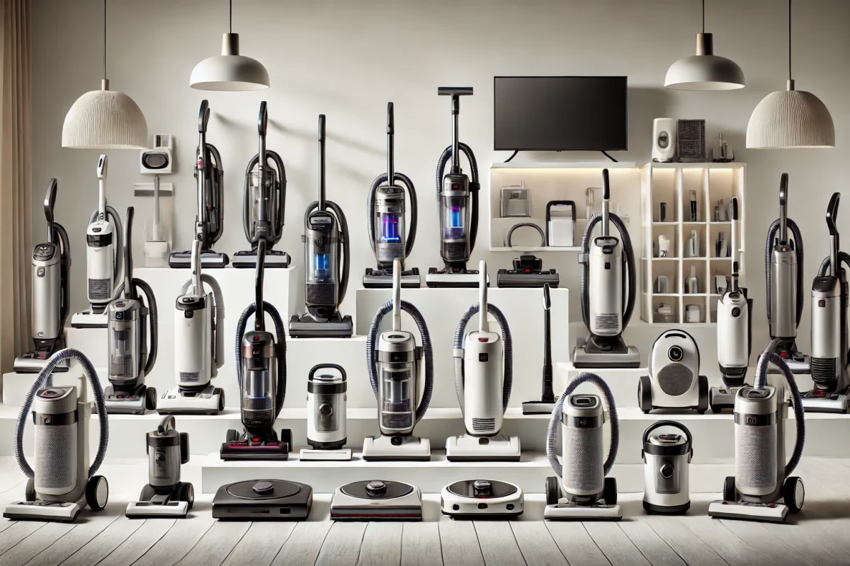 DALL·E 2024-11-15 00.46.39 - A wide array of modern vacuum cleaners in different styles and colors displayed in a clean, minimal showroom. The setup includes upright, canister, ro