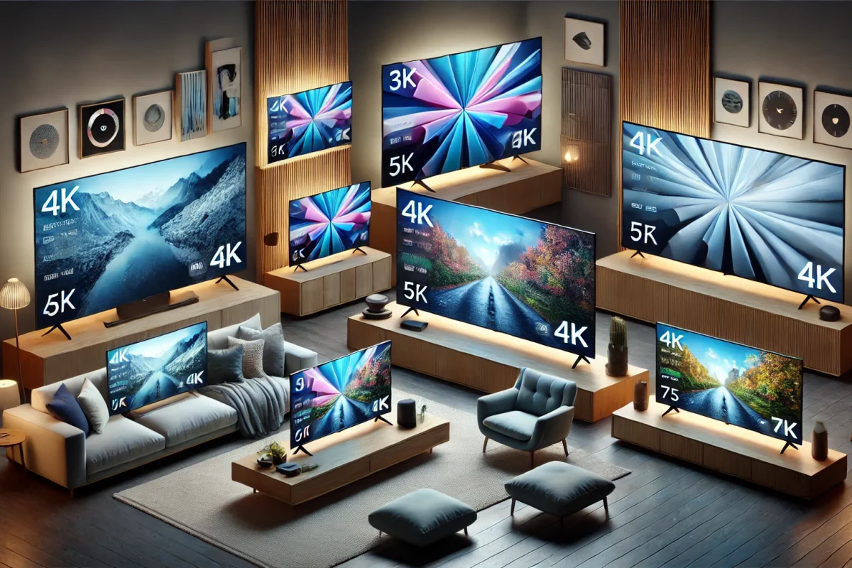 DALL·E 2024-11-21 23.25.41 - A visually appealing display of five modern TV screens of various sizes (32, 55, 65, 75 inches) arranged creatively. Each screen is shown in a home se