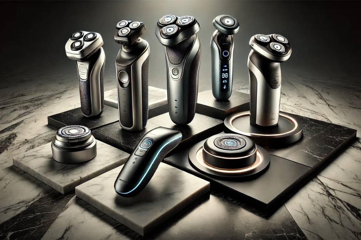 DALL·E 2024-11-23 22.33.37 - A creative layout of five premium electric shavers arranged on a modern marble surface. Each shaver features distinct designs_ one rotary-head model,